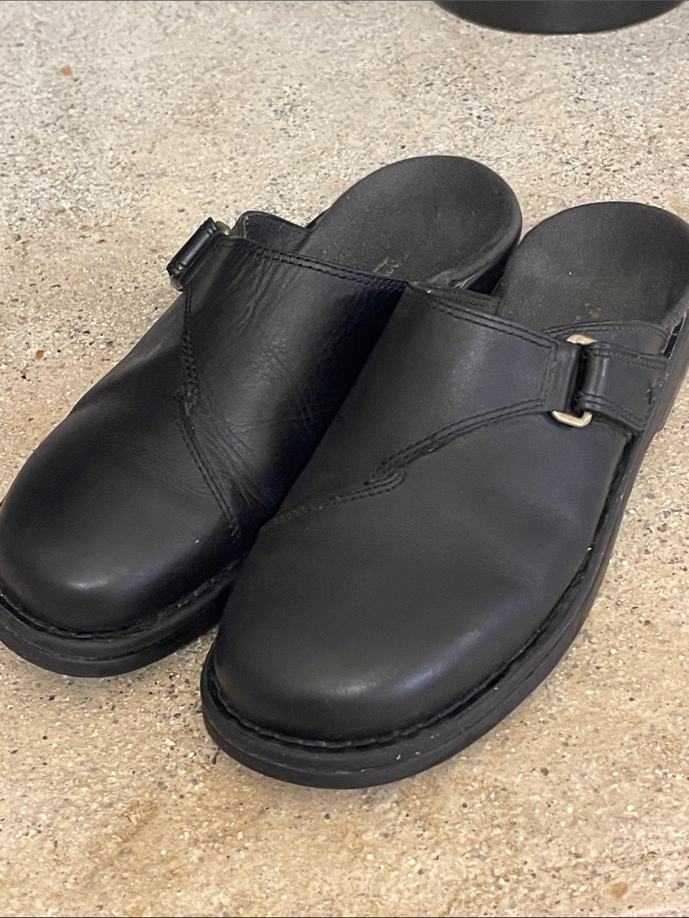 Clarks Black Leather Slip-On Mule Loafers with Buckle Accent